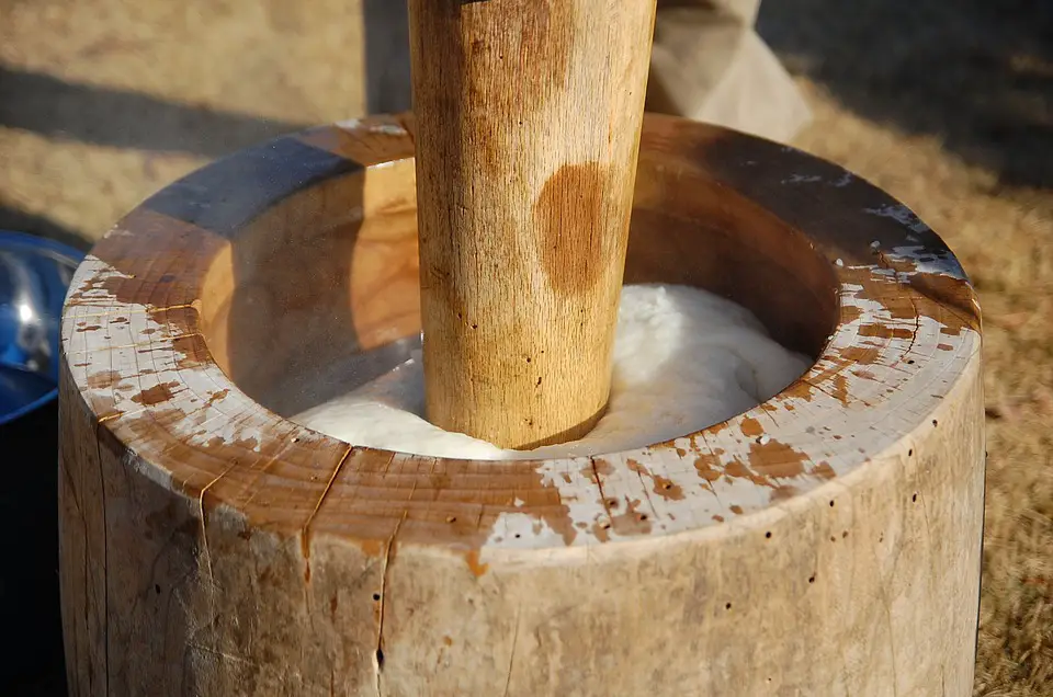 Traditional mortar for pounding steamed sticky rice