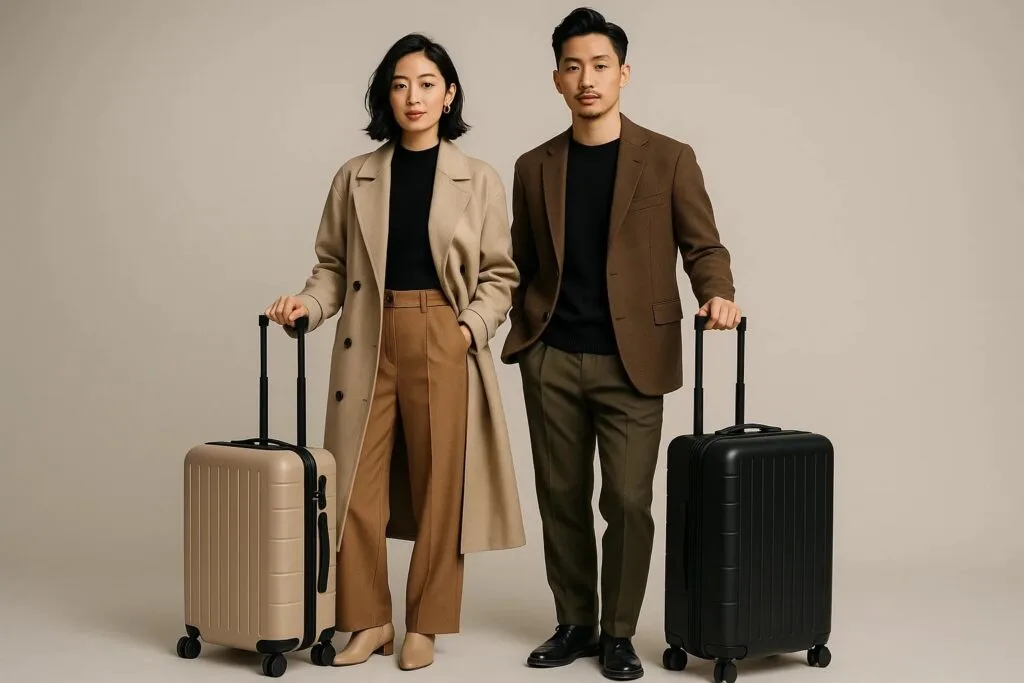 Couple posing with Japanese suitcases