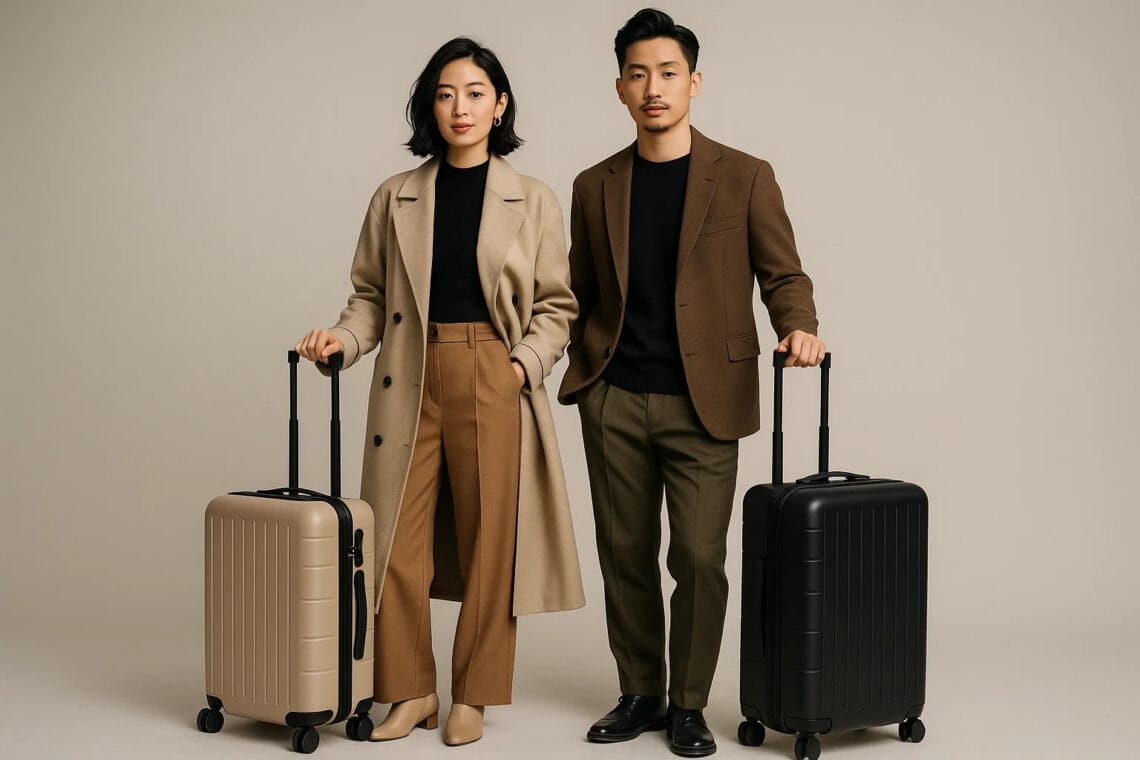 Couple posing with Japanese suitcases