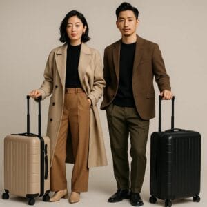 Couple posing with Japanese suitcases