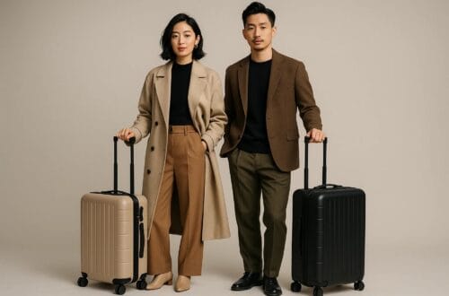 Couple posing with Japanese suitcases