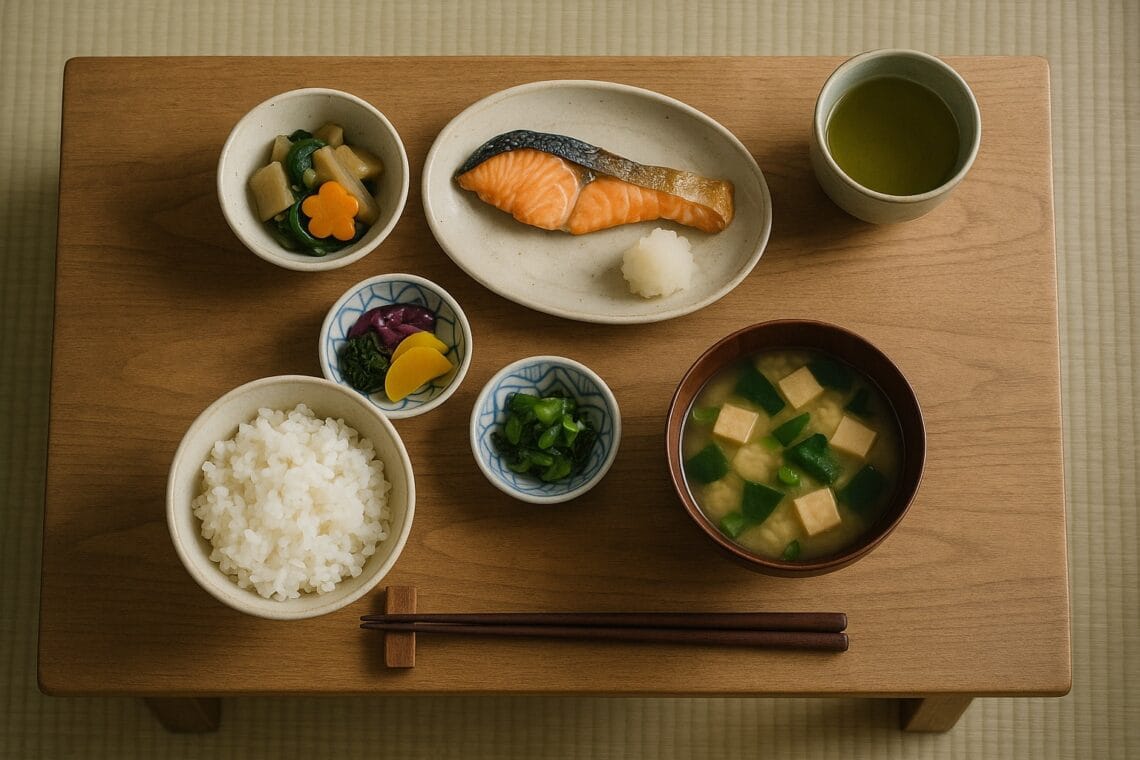 Overhead shot of Japanese wooden table with Washoku