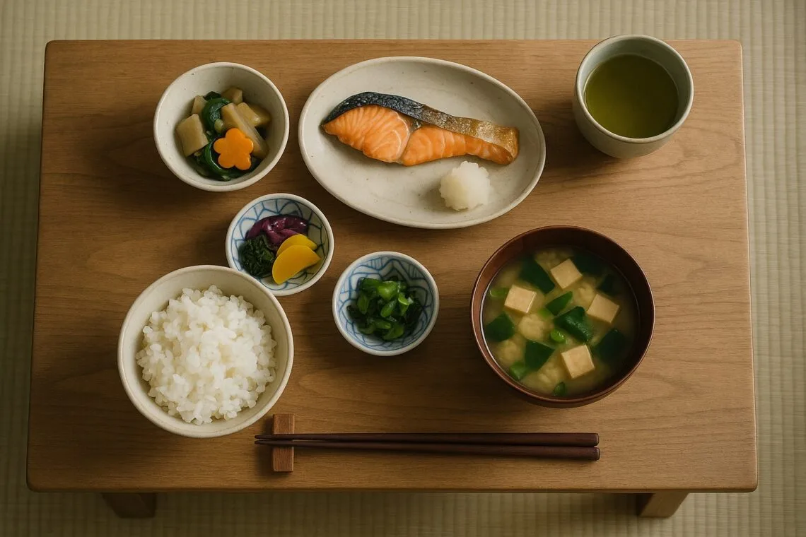 Overhead shot of Japanese wooden table with Washoku