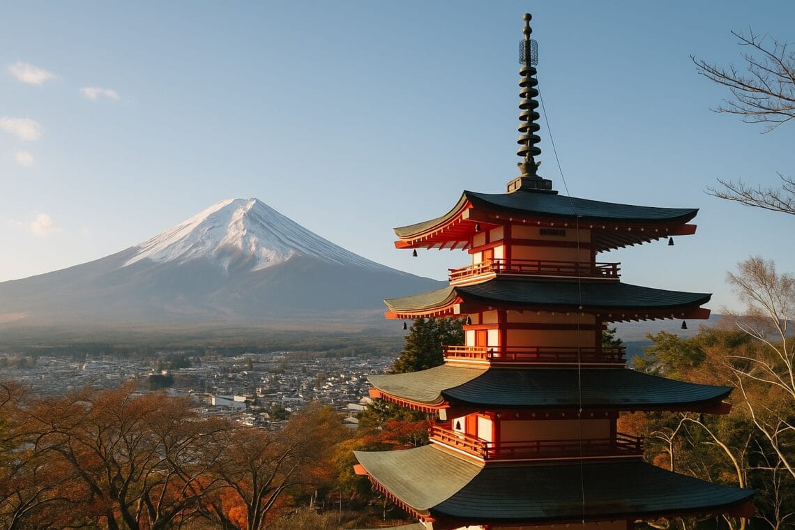 View of Mount Fuji behind the Chureito Pagoda on a clear day